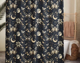 Celestial Moth Shower Curtain, Gothic Bathroom Decor, Beige Black Luna Moth, Witchy Forest Boho Curtain, Dark Academia Aesthetic