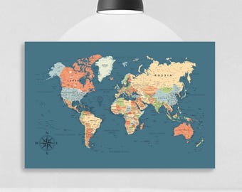 World Map Navy Blue Wall Poster paper World Map wall art Travelers gifts Adventures Time Birthday gift for her Here Unique wall poster