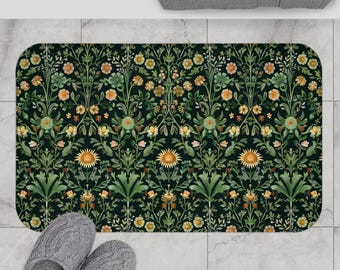 Whimsigoth Bathroom Decor Rug,Floral Bath Mat Dark Academia Bathroom Decor Botanical Cottagecore, Dark Forest Botanical mat  William Morris