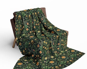 Botanical Green Throw Blanket  William Morris Style Fall Decor, Cozy Cottagecore Floral Boho Bedding, Autumn Sofa Gift for Nature Lovers