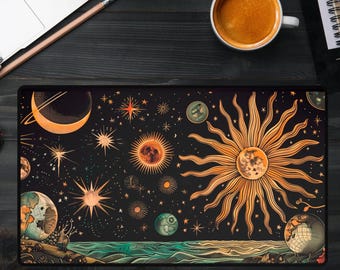 Large Celestial Desk Mat – Sun Moon Stars, Witchy Astrology Mouse Pad, Extended Gaming Mousepad, Witchy dorm decor, Teacher gift idea