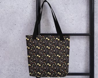 Celestial Witchy Tote Bag Dark Florals Moon Mystical Gothic Aesthetic Woven Shopper Cottagecore Dark Academia Custom or Non-Personalized