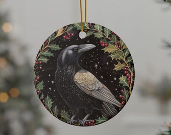 Raven Christmas Ornament Pagan Yule Ceramic Tag Witchy Tree Decor Black Bird Altar Gift Gothic Holiday Raven Art Dark Forest Circle