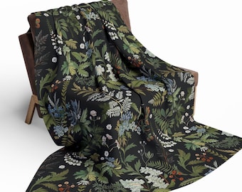 Dark Moody Fern Floral Throw Blanket: Whimsigoth Botanical Decor