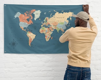 World Map Flag, Navy Large Detailed World map flag tapestry wall hanging,Wedding Party Backdrop, Family Gift,Tapestry for Home Bedroom Decor