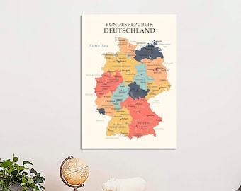 Map of Germany Colorful Paper Wall Poster,Perfect Housewarming Gift,Germany Map, Guest Map Deutschlandkarte,Labeled Germany Map with Capital