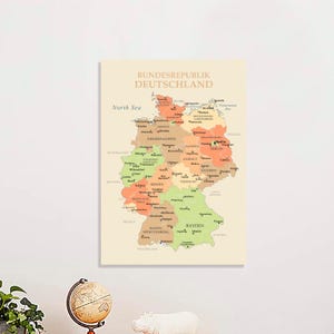 Mappa della Germania Poster di carta da parati con colori felici, Deutschlandkarte Wandbilder, Karte Bundesländer, arte da parete dettagliata dell'ufficio degli stati tedeschi