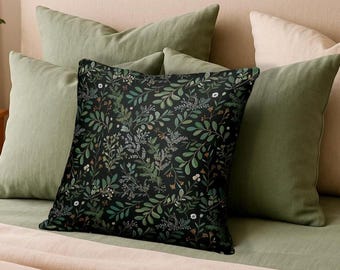 Dark Moody Fern Botanical Pillow Cover – Sage Green Gothic Boho Cushion – Whimsigoth Dark Cottagecore Throw Pillowcase