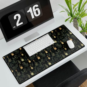 Dark Cottagecore Desk Mat: Botanical Lanterns, Witchy Office Decor