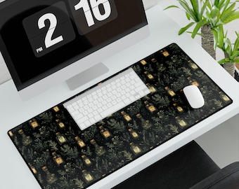 Mystical Fern Desk Mat – Dark Alchemy Mouse Pad with Lanterns | Witchy Cottagecore Office Decor | Herbal Botanical Gift for Her