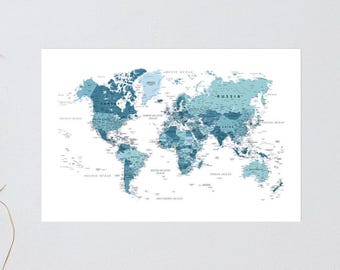 Blue Large World Map Poster,Accurate World Map Art Print,Detailed Map Poster for Wall,Travel Around the World Map, Dorm Wall Poster for Boy