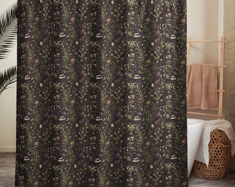 Dark Botanical Shower Curtain for Cottagecore Bathroom, Witchy Home Decor with Moody Fern and Daisies, Gothic Floral Bath Gift