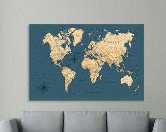 New home gift wall Poster Printable World Map Navy Blue Beige Office World map Wall Art Entrance decoration Housewarming gift first home