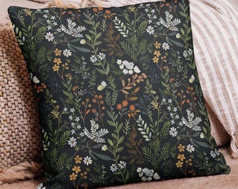 Moody Floral Fern & Wildflower Pillow Cover – Dark Cottagecore Cushion, Autumn Botanical Throw Pillowcase, Cozy Dark Academia Home Decor