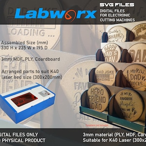 May include: A digital file download for a laser cut coaster stand. The stand is made of 3mm MDF, plywood, or cardboard and is designed to hold 12 coasters. The stand is 330mm high, 235mm wide, and 195mm deep. The coasters are not included. The stand is suitable for a K40 laser cutter with a 300x200mm bed size.