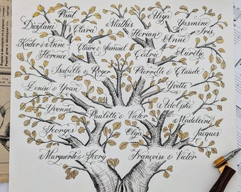 Arbre généalogique calligraphié, arbre de famille, arbre généalogique sur demande, décoration feuilles dorées, dessin fait main