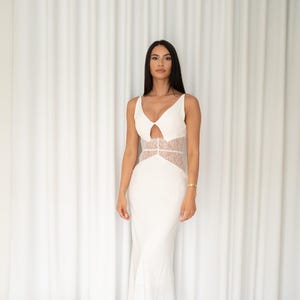 Lorena Lace Maxi Dress  | Underslip | Undergown | Satin slip | Wedding Slip Night dress | White slip | Underbust cutouts  | Bridal morning