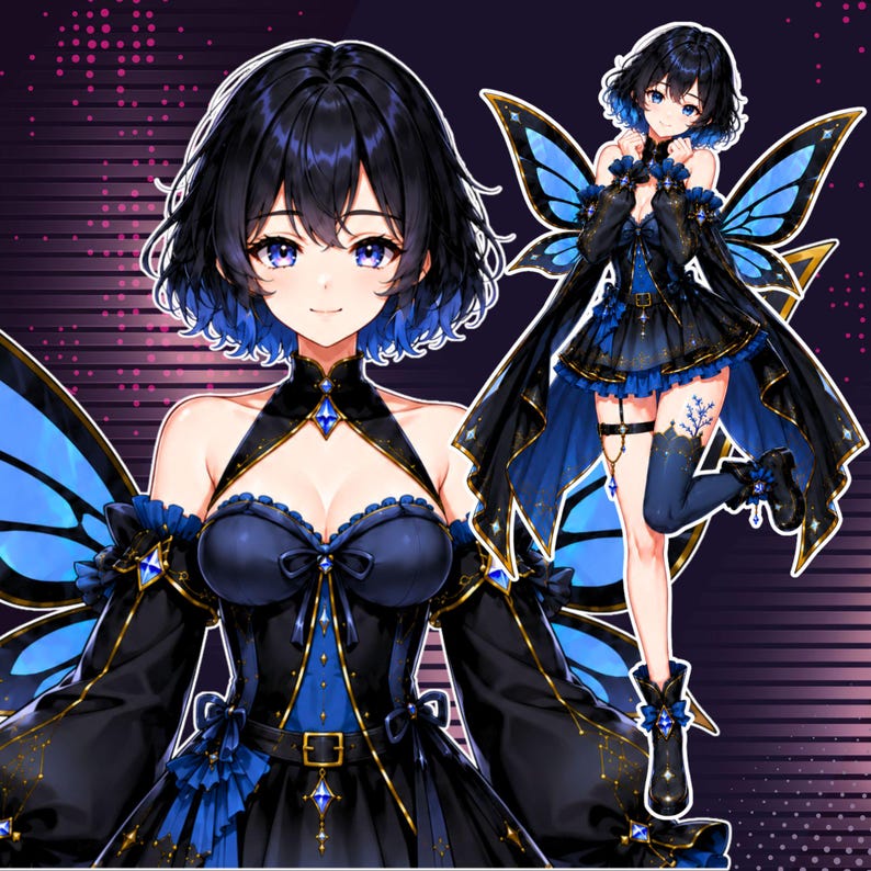May include: Custom anime fairy VTuber model with black and vibrant blue butterfly wings, short black hair with blue tips, blue eyes, and an elegant black, navy, and gold fantasy outfit. Preview shows both a detailed half body close up and full body character pose, perfect for Live2D VTuber, Twitch streamer avatar, fantasy VTuber model, or anime character design.