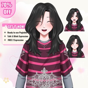 Custom anime PNGTuber avatar featuring a cute female character with purple hair, expressive eyes, and detailed outfit design. The reactive PNG model is created for streamers, VTubers, and content creators. Includes custom character artwork suitable for talking and blinking PNGTuber setups, livestreaming, gaming content, Twitch, YouTube, Discord, and online community engagement.