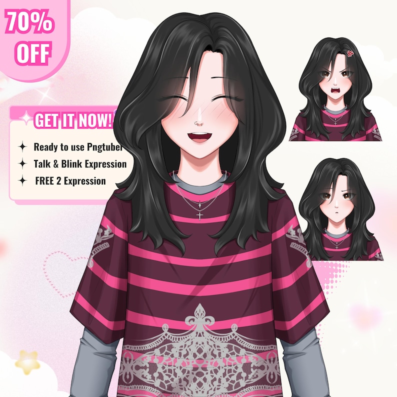 Custom anime PNGTuber avatar featuring a cute female character with purple hair, expressive eyes, and detailed outfit design. The reactive PNG model is created for streamers, VTubers, and content creators. Includes custom character artwork suitable for talking and blinking PNGTuber setups, livestreaming, gaming content, Twitch, YouTube, Discord, and online community engagement.