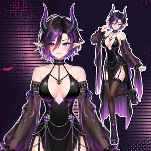 May include: Digital illustration featuring a custom anime VTuber character with short black hair, purple highlights, curved demon horns, elf ears, and a sleek black gothic outfit with sheer sleeves. Preview showcases a half body portrait and a playful full body VTuber character posing with a peace sign.