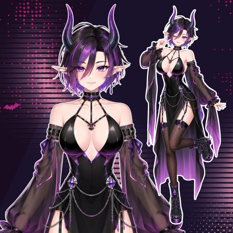 May include: Digital illustration featuring a custom anime VTuber character with short black hair, purple highlights, curved demon horns, elf ears, and a sleek black gothic outfit with sheer sleeves. Preview showcases a half body portrait and a playful full body VTuber character posing with a peace sign.