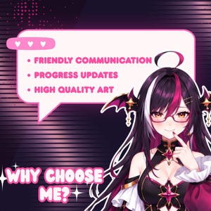 May include: A digital illustration featuring a custom anime VTuber character with long black, white, and magenta hair, glasses, and a gothic fantasy outfit. The preview highlights friendly communication, regular progress updates, high quality artwork, and the benefits of choosing a custom VTuber model service.