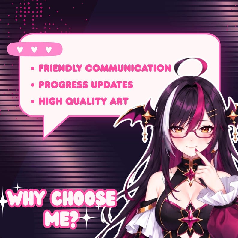 May include: A digital illustration featuring a custom anime VTuber character with long black, white, and magenta hair, glasses, and a gothic fantasy outfit. The preview highlights friendly communication, regular progress updates, high quality artwork, and the benefits of choosing a custom VTuber model service.