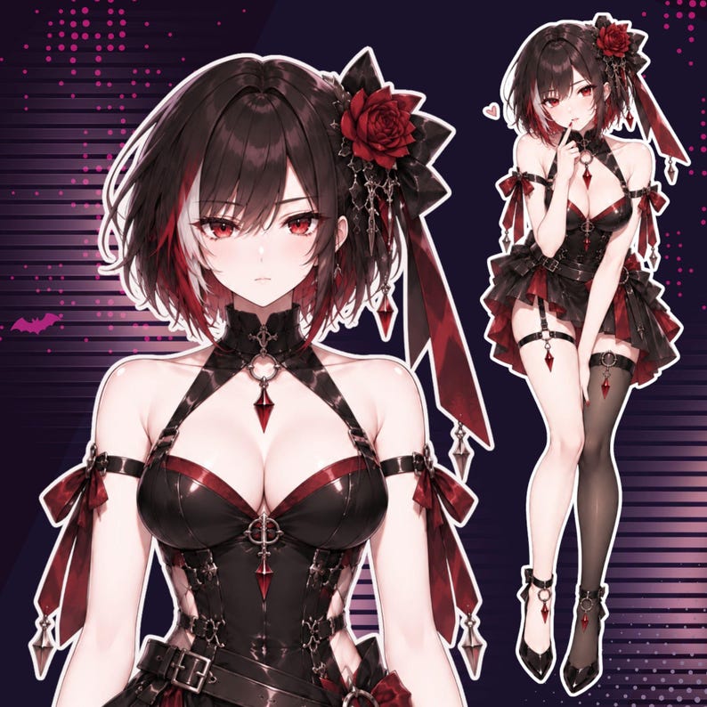 May include: Digital illustration of a custom anime VTuber model featuring a gothic female character with short dark brown hair, red highlights, red roses, and a black and red outfit. Preview shows a detailed bust up portrait and full body character design for a custom Live2D VTuber model.