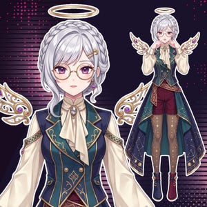 May include: Digital illustration featuring a custom anime VTuber character with silver braided hair, glasses, a golden halo, decorative angel wings, and an elegant fantasy inspired outfit. Preview showcases a half body portrait and a full body angel themed VTuber character.