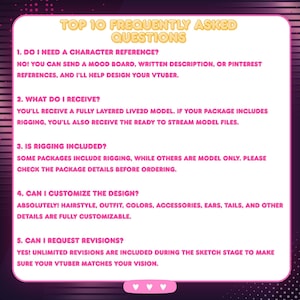 May include: An informational preview for a custom anime VTuber model featuring a Frequently Asked Questions section. The clean white information panel explains character references, final delivery files, Live2D rigging options, customization, and the revision policy, displayed over a purple and pink themed background.