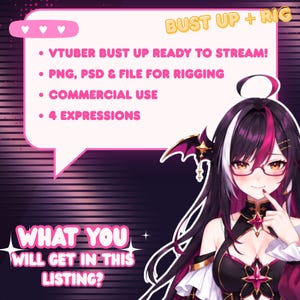 May include: Digital illustration featuring a custom anime VTuber character with long black, white, and magenta hair, glasses, and bat wing accessories. Preview highlights everything included in the listing, such as a ready to stream bust up VTuber model, layered PSD and PNG files, commercial use, four custom expressions, three emotes, and a custom VTuber logo.