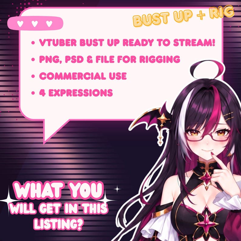May include: Digital illustration featuring a custom anime VTuber character with long black, white, and magenta hair, glasses, and bat wing accessories. Preview highlights everything included in the listing, such as a ready to stream bust up VTuber model, layered PSD and PNG files, commercial use, four custom expressions, three emotes, and a custom VTuber logo.