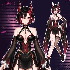May include: Digital illustration featuring two custom anime VTuber characters with dark fantasy aesthetics. One character has long black and magenta hair with bat wings, while the other features short black hair with red highlights, demon horns, and an elegant gothic outfit. Preview showcases half body and full body character designs.