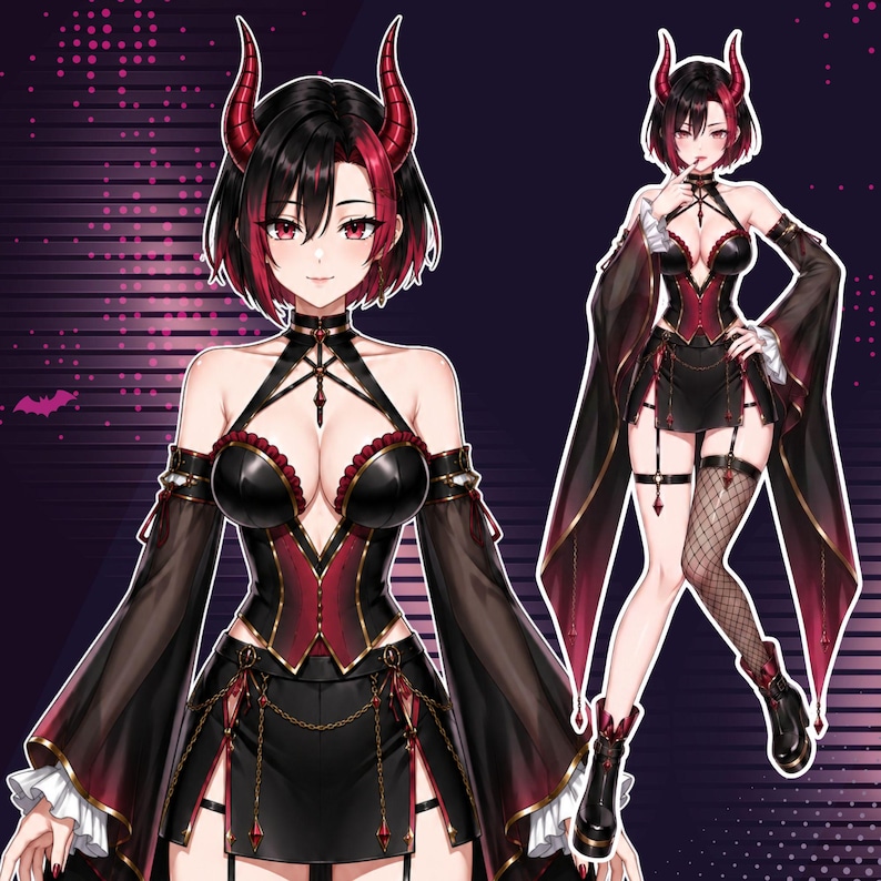 May include: Digital illustration featuring two custom anime VTuber characters with dark fantasy aesthetics. One character has long black and magenta hair with bat wings, while the other features short black hair with red highlights, demon horns, and an elegant gothic outfit. Preview showcases half body and full body character designs.