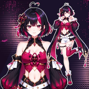 May include: Digital illustration featuring a custom anime VTuber character with short black hair, bright magenta highlights, and a red and black fantasy outfit decorated with floral ornaments and ribbons. Preview showcases a half body portrait and a cute full body VTuber character in a playful pose.