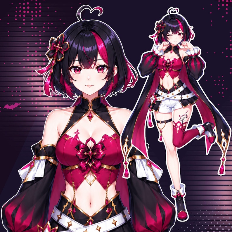 May include: Digital illustration featuring a custom anime VTuber character with short black hair, bright magenta highlights, and a red and black fantasy outfit decorated with floral ornaments and ribbons. Preview showcases a half body portrait and a cute full body VTuber character in a playful pose.