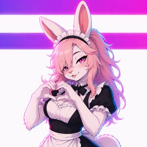 May include: An anthropomorphic rabbit character with long white ears and pink hair, wearing a black and white maid outfit with a ruffled apron and headband. The character has pink eyes and is forming a heart shape with both hands against a background.