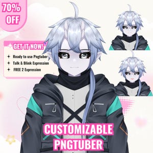 Custom anime PNGTuber avatar featuring a cute female character with purple hair, expressive eyes, and detailed outfit design. The reactive PNG model is created for streamers, VTubers, and content creators. Includes custom character artwork suitable for talking and blinking PNGTuber setups, livestreaming, gaming content, Twitch, YouTube, Discord, and online community engagement.