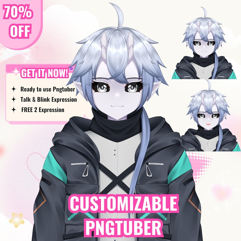 Custom anime PNGTuber avatar featuring a cute female character with purple hair, expressive eyes, and detailed outfit design. The reactive PNG model is created for streamers, VTubers, and content creators. Includes custom character artwork suitable for talking and blinking PNGTuber setups, livestreaming, gaming content, Twitch, YouTube, Discord, and online community engagement.