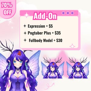 Custom anime PNGTuber avatar featuring a cute female character with purple hair, expressive eyes, and detailed outfit design. The reactive PNG model is created for streamers, VTubers, and content creators. Includes custom character artwork suitable for talking and blinking PNGTuber setups, livestreaming, gaming content, Twitch, YouTube, Discord, and online community engagement.