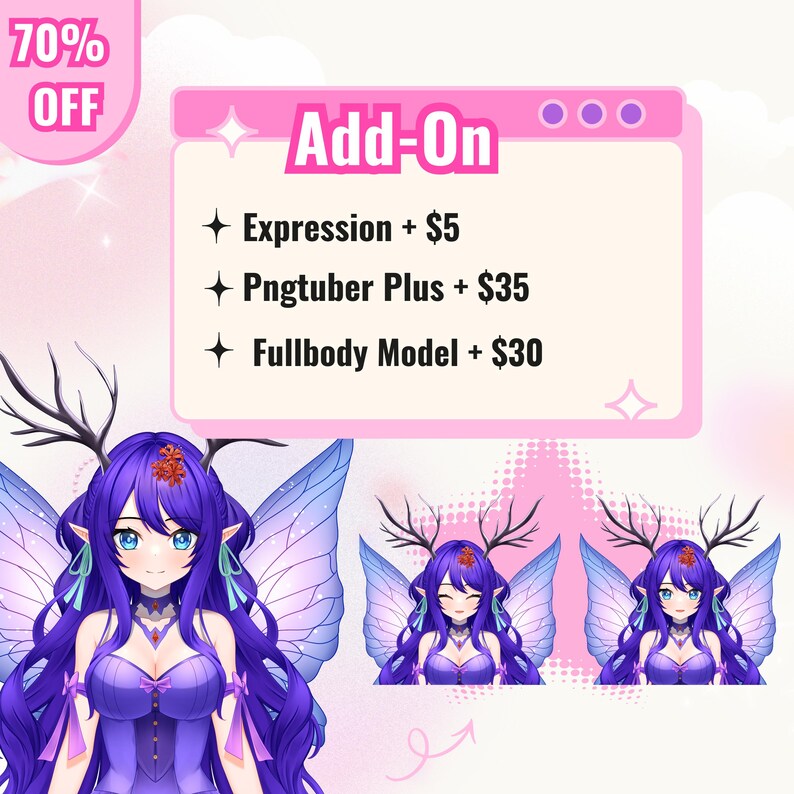 Custom anime PNGTuber avatar featuring a cute female character with purple hair, expressive eyes, and detailed outfit design. The reactive PNG model is created for streamers, VTubers, and content creators. Includes custom character artwork suitable for talking and blinking PNGTuber setups, livestreaming, gaming content, Twitch, YouTube, Discord, and online community engagement.