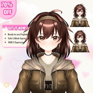 Custom anime PNGTuber avatar featuring a cute female character with purple hair, expressive eyes, and detailed outfit design. The reactive PNG model is created for streamers, VTubers, and content creators. Includes custom character artwork suitable for talking and blinking PNGTuber setups, livestreaming, gaming content, Twitch, YouTube, Discord, and online community engagement.