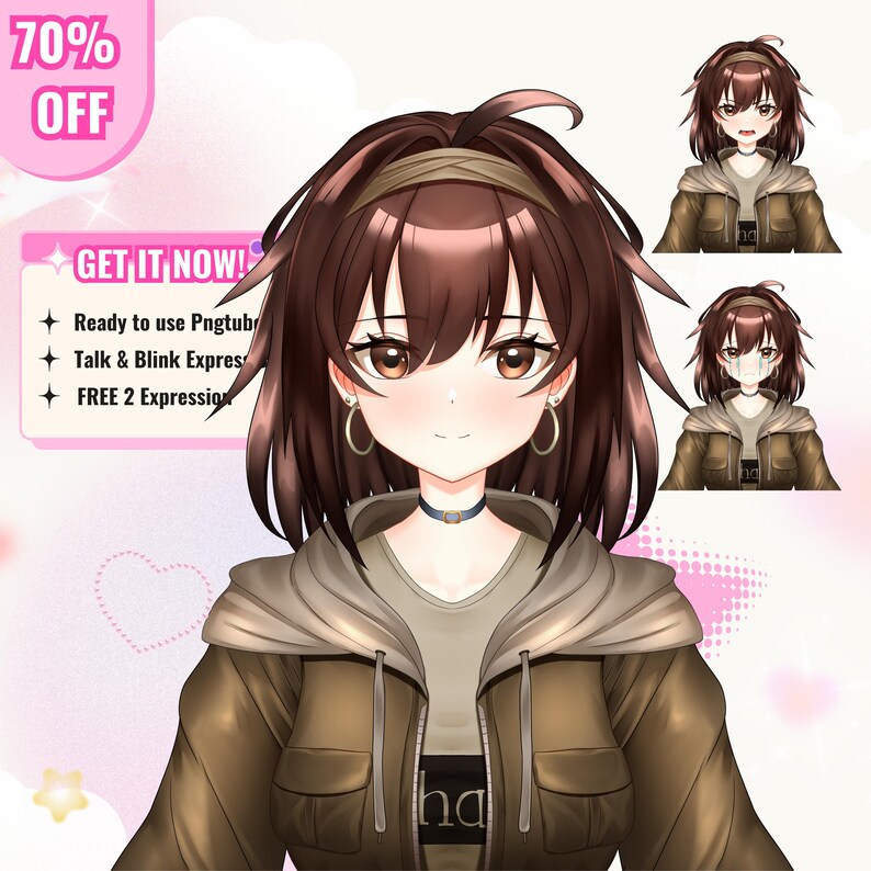 Custom anime PNGTuber avatar featuring a cute female character with purple hair, expressive eyes, and detailed outfit design. The reactive PNG model is created for streamers, VTubers, and content creators. Includes custom character artwork suitable for talking and blinking PNGTuber setups, livestreaming, gaming content, Twitch, YouTube, Discord, and online community engagement.