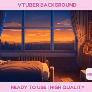 Puede incluir: Un fondo digital que presenta un dormitorio con una cama, una ventana con vista al atardecer y un escritorio con una computadora portátil. El texto "VTUBER BACKGROUND" está en la parte superior de la imagen. El texto "DISCOUNT 70% OFF!" está en forma de corazón rosa en la esquina superior derecha. El texto "INSTANT DOWNLOAD" está en un rectángulo blanco con borde rosa en la esquina inferior derecha. El texto "READY TO USE | HIGH QUALITY" está en la parte inferior de la imagen.