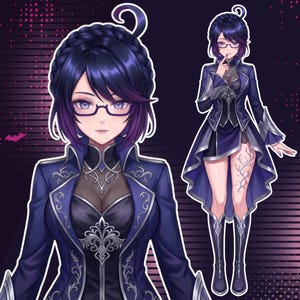May include: Digital illustration featuring a custom anime VTuber character with braided dark blue hair, purple highlights, glasses, and an elegant navy fantasy outfit with silver armor details. Preview showcases a large half body portrait alongside a ful body VTuber character design.