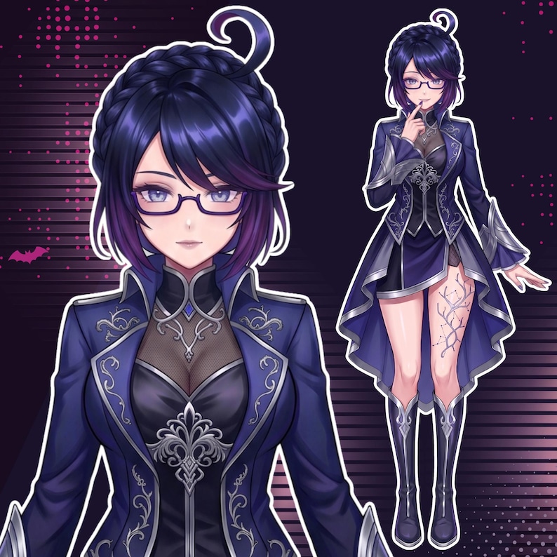 May include: Digital illustration featuring a custom anime VTuber character with braided dark blue hair, purple highlights, glasses, and an elegant navy fantasy outfit with silver armor details. Preview showcases a large half body portrait alongside a ful body VTuber character design.