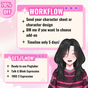 Custom anime PNGTuber avatar featuring a cute female character with purple hair, expressive eyes, and detailed outfit design. The reactive PNG model is created for streamers, VTubers, and content creators. Includes custom character artwork suitable for talking and blinking PNGTuber setups, livestreaming, gaming content, Twitch, YouTube, Discord, and online community engagement.