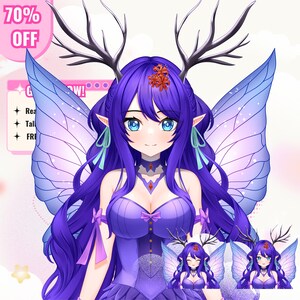 Custom anime PNGTuber avatar featuring a cute female character with purple hair, expressive eyes, and detailed outfit design. The reactive PNG model is created for streamers, VTubers, and content creators. Includes custom character artwork suitable for talking and blinking PNGTuber setups, livestreaming, gaming content, Twitch, YouTube, Discord, and online community engagement.