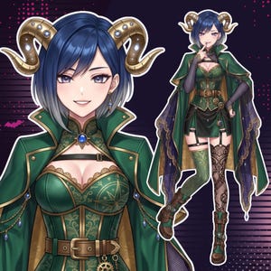May include: Digital illustration featuring a custom anime VTuber character with short blue hair, golden ram horns, and an elegant green fantasy outfit with ornate embroidery, cape, and accessories. Preview showcases a large half body portrait alongside a full body custom VTuber character.
